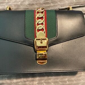 Gucci Sylvie Black Leather Bag with Gold Chain and Green-Red Stripe